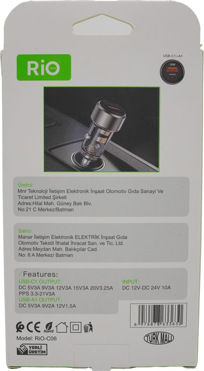 RİO ARAÇ ŞARJMATİK HEM USB-A 18W HEMDE TYPE-C 65W ÇIKIŞLI ARAÇ ÇAKMAKLIK GİRİŞLİ HIZLI ŞARJ