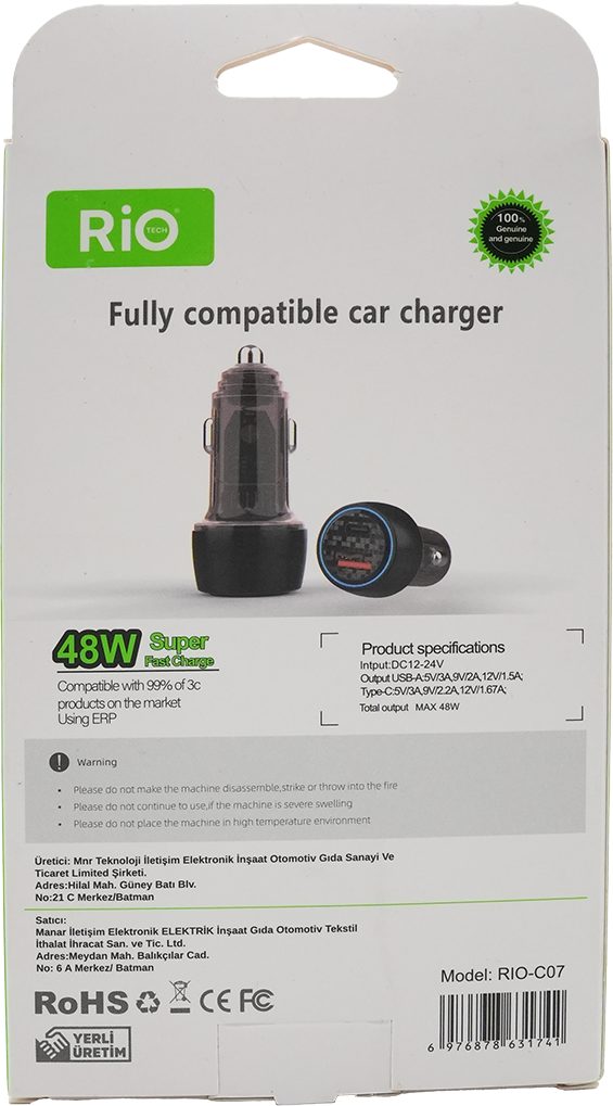 RİO 3.0 48W ARAÇ ŞARJMATİK USB-A VE TYPE-C ÇIKIŞLI ÇAKMAKLIK GİRİŞLİ ARAÇ ŞARJ ADAPTÖRÜ