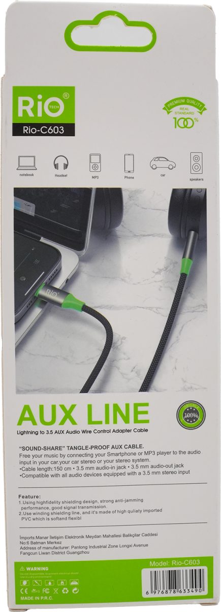 RİO 3,5MM AUX TO LİGHTNİNG KULAKLIK/MİKROFON IPHONE TELEFONLARI ARASI ARA KABLO