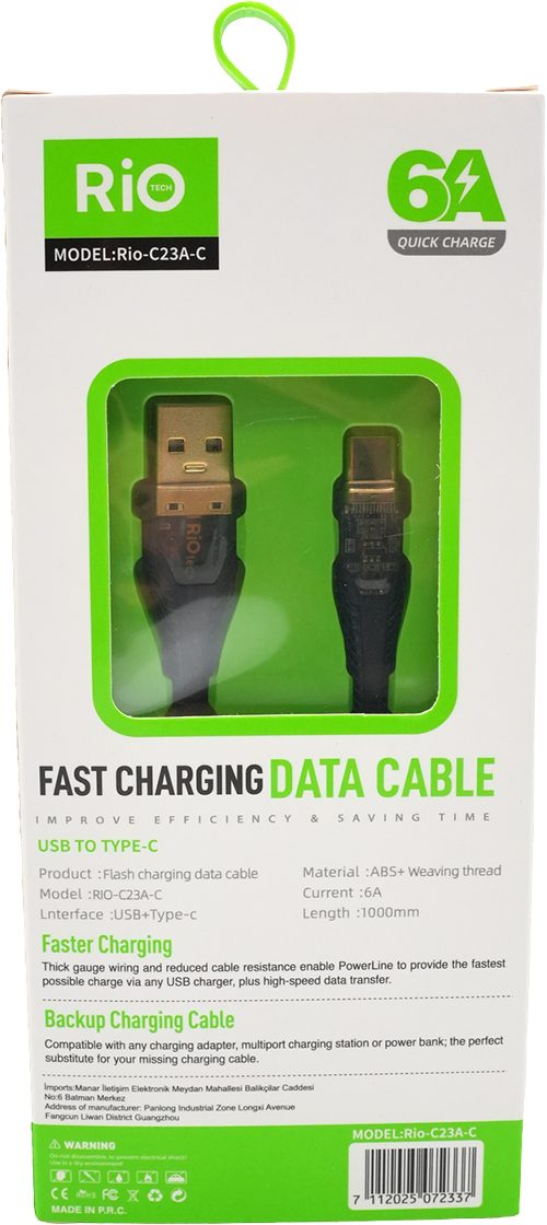 RİO USB-A TO TYPE-C HIZLI ŞARJ KABLOSU DAYANIKLI VE ESNEK KULANIM İMKANIYLA