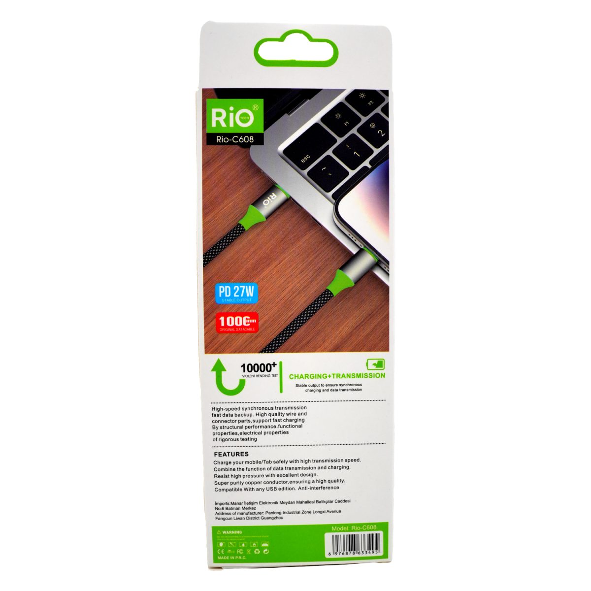 RİO 27W TYPE-C TO LİGHTNİN ŞARJ KABLOSU DAYANIKLI KABLOSU İLE TÜM İPHONE MODELLERİ İLE UYUMLU