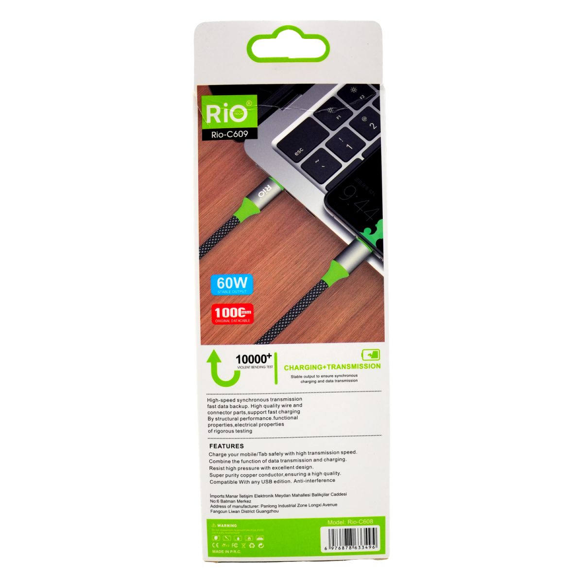 RİO TYPE-C TO TYPE-C KABLO 60W GÜCÜNDE 1 METRE UZUNLUĞUNDA KALİTELİ SAĞLAM KABLO