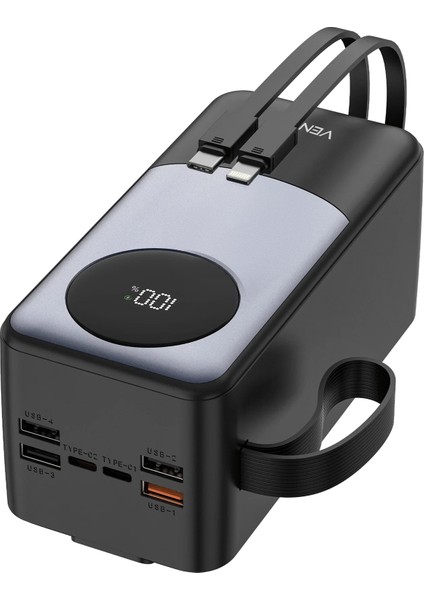 Venandin PWB50A1 50.000 Mah 22,5W Hızlı Şarj Powerbank – Dahili Type-C ve Lightning Kablolu, Pd, Qc 3.0, 4 USB Çıkışlı, Dijital Ekranlı