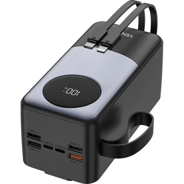 Venandin PWB50A1 50.000 Mah 22,5W Hızlı Şarj Powerbank – Dahili Type-C ve Lightning Kablolu, Pd, Qc 3.0, 4 USB Çıkışlı, Dijital Ekranlı