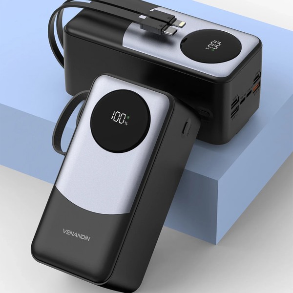 Venandin PWB50A1 50.000 Mah 22,5W Hızlı Şarj Powerbank – Dahili Type-C ve Lightning Kablolu, Pd, Qc 3.0, 4 USB Çıkışlı, Dijital Ekranlı