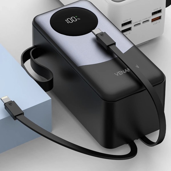 Venandin PWB50A1 50.000 Mah 22,5W Hızlı Şarj Powerbank – Dahili Type-C ve Lightning Kablolu, Pd, Qc 3.0, 4 USB Çıkışlı, Dijital Ekranlı