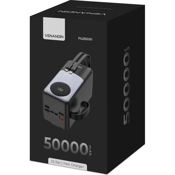 Venandin PWB50A1 50.000 Mah 22,5W Hızlı Şarj Powerbank – Dahili Type-C ve Lightning Kablolu, Pd, Qc 3.0, 4 USB Çıkışlı, Dijital Ekranlı