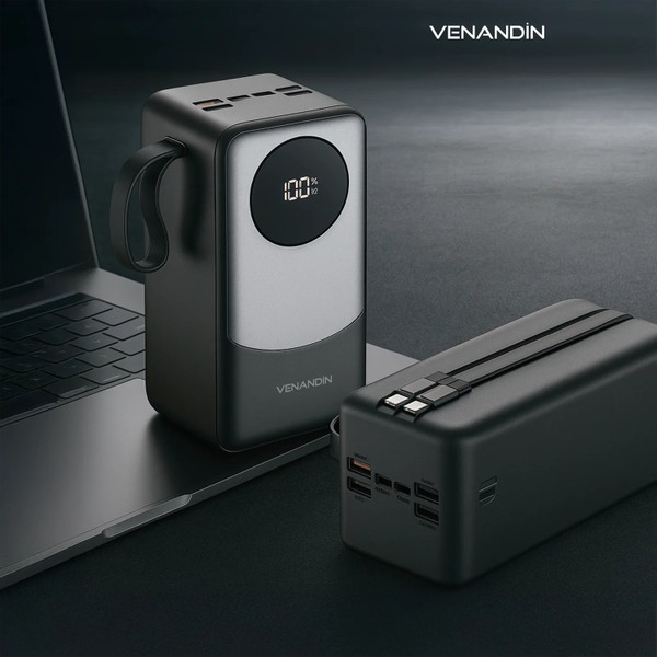 Venandin PWB50A1 50.000 Mah 22,5W Hızlı Şarj Powerbank – Dahili Type-C ve Lightning Kablolu, Pd, Qc 3.0, 4 USB Çıkışlı, Dijital Ekranlı