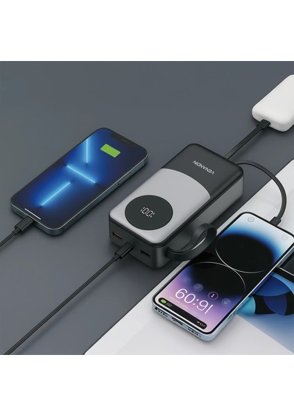 Venandin PWB30A1 30.000 Mah 22,5W Hızlı Şarj Powerbank – Dahili Type-C ve Lightning Kablolu, Qc 3.0, Dijital Ekranlı