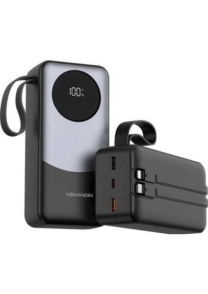 Venandin PWB30A1 30.000 Mah 22,5W Hızlı Şarj Powerbank – Dahili Type-C ve Lightning Kablolu, Qc 3.0, Dijital Ekranlı