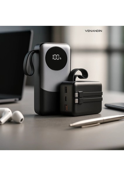 Venandin PWB30A1 30.000 Mah 22,5W Hızlı Şarj Powerbank – Dahili Type-C ve Lightning Kablolu, Qc 3.0, Dijital Ekranlı