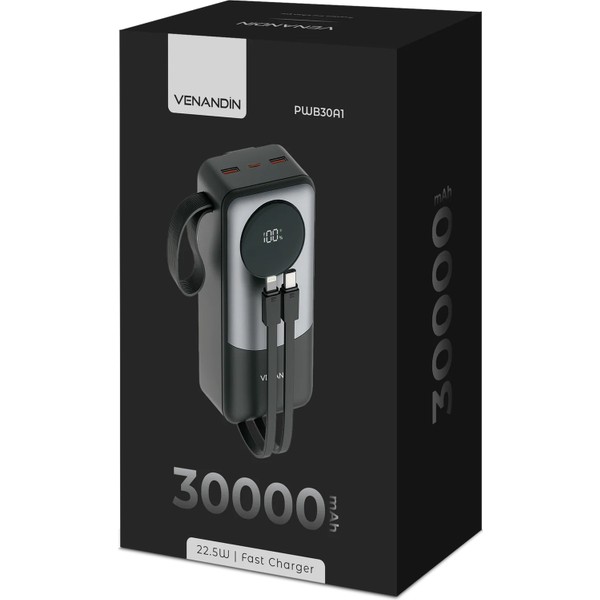 Venandin PWB30A1 30.000 Mah 22,5W Hızlı Şarj Powerbank – Dahili Type-C ve Lightning Kablolu, Qc 3.0, Dijital Ekranlı
