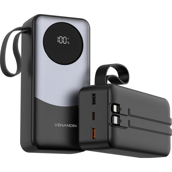 Venandin PWB30A1 30.000 Mah 22,5W Hızlı Şarj Powerbank – Dahili Type-C ve Lightning Kablolu, Qc 3.0, Dijital Ekranlı