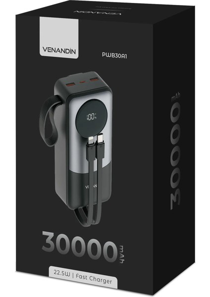Venandin PWB30A1 30.000 Mah 22,5W Hızlı Şarj Powerbank – Dahili Type-C ve Lightning Kablolu, Qc 3.0, Dijital Ekranlı