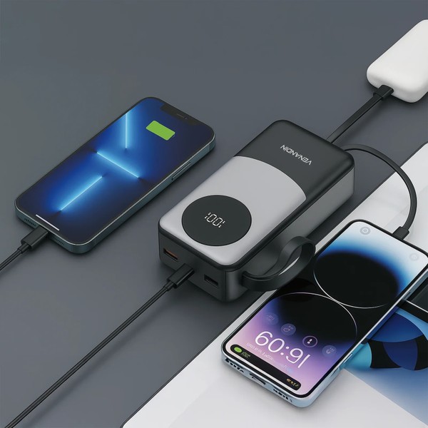 Venandin PWB30A1 30.000 Mah 22,5W Hızlı Şarj Powerbank – Dahili Type-C ve Lightning Kablolu, Qc 3.0, Dijital Ekranlı