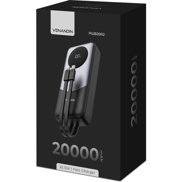 Venandin PWB20A2 20.000 Mah 22,5W Hızlı Şarj Powerbank – Dahili Type-C ve Lightning Kablolu, Qc 3.0, Dijital Ekranlı