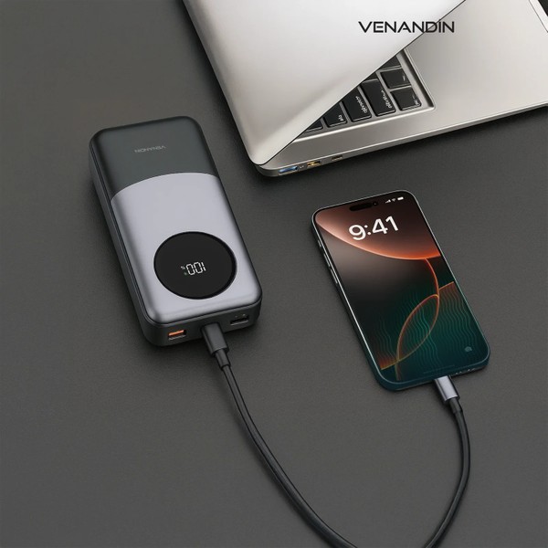 Venandin PWB20A2 20.000 Mah 22,5W Hızlı Şarj Powerbank – Dahili Type-C ve Lightning Kablolu, Qc 3.0, Dijital Ekranlı