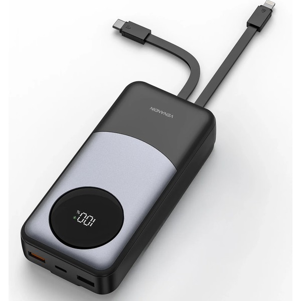 Venandin PWB20A2 20.000 Mah 22,5W Hızlı Şarj Powerbank – Dahili Type-C ve Lightning Kablolu, Qc 3.0, Dijital Ekranlı