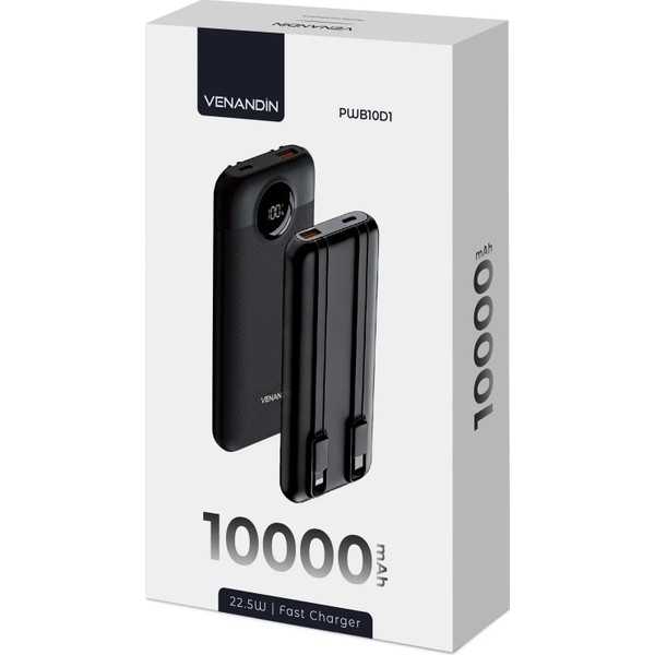 Venandin PWB10D1 10.000 Mah 22,5W Hızlı Şarj Powerbank – Dahili Type-C ve Lightning Kablolu, Qc 3.0, Dijital Ekranlı