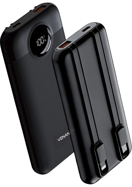 Venandin PWB10D1 10.000 Mah 22,5W Hızlı Şarj Powerbank – Dahili Type-C ve Lightning Kablolu, Qc 3.0, Dijital Ekranlı