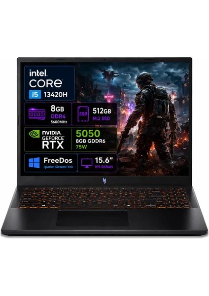 Acer Nitro V 15 ANV15-52 Intel Core i5 13420H 8GB 512GB SSD RTX5050 Freedos 15.6'' 165Hz Taşınabilir Bilgisayar NH.QZ7EY.003